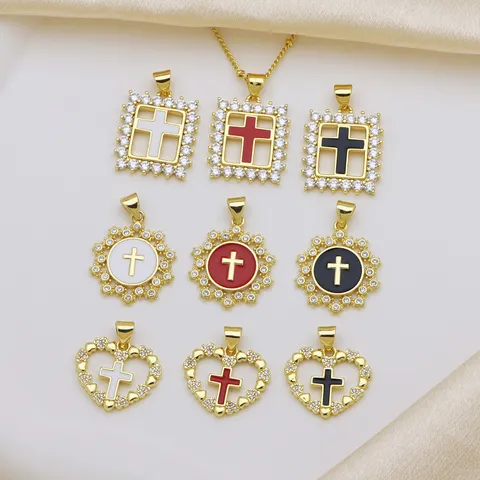Kupfer Zirkonia Kreuz Anhänger Ohne Kette Hohl Rund Quadrat Herz Form Emaille Kruzifix Religiöser Anhänger Für Damen Schmuck