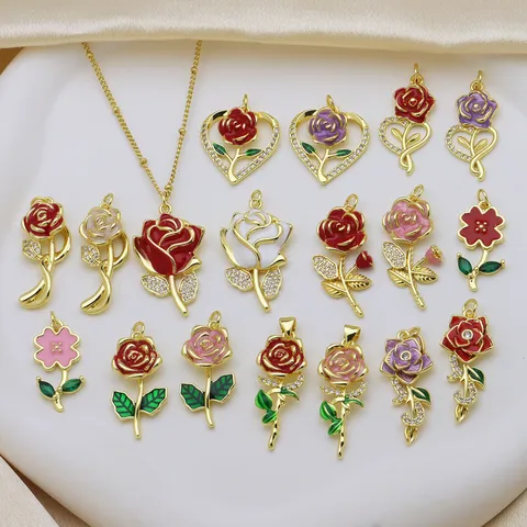 Rosenblüte Anhänger Ohne Kette Kupfer 18K Vergoldet Emaille Strass Botanisches Herz Charme Für Halsketten DIY Schmuckherstellung Damen