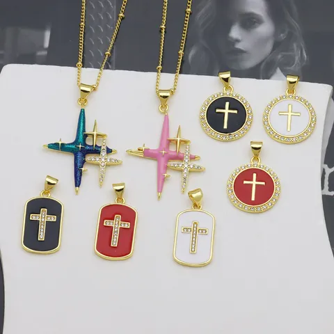 18K Gold Plated Copper Cross Pendant Necklace For Women Men Oil Dripping Enamel Square Round Star Rhinestone Religious Fashion Jewelry Charm Only