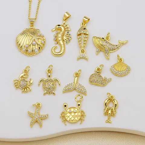 Colgante de Cobre Chapado en Oro de 18K Animal Marino Con Circonia Perla Artificial Dije Océano Caballito de Mar Cangrejo Cola de Ballena Estrella de Mar Vieira Colgante Solo Sin Cadena