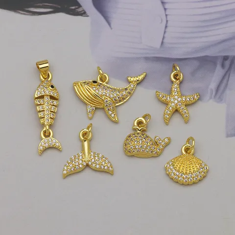 Colgante de Cobre Chapado en Oro de 18K Animal Marino Con Circonia Perla Artificial Dije Océano Caballito de Mar Cangrejo Cola de Ballena Estrella de Mar Vieira Colgante Solo Sin Cadena