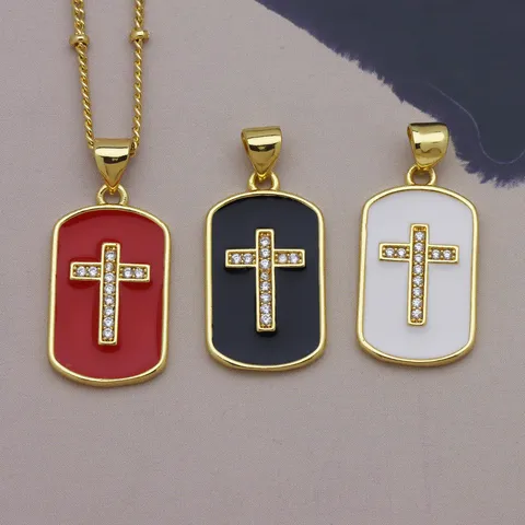 18K Gold Plated Copper Cross Pendant Necklace For Women Men Oil Dripping Enamel Square Round Star Rhinestone Religious Fashion Jewelry Charm Only