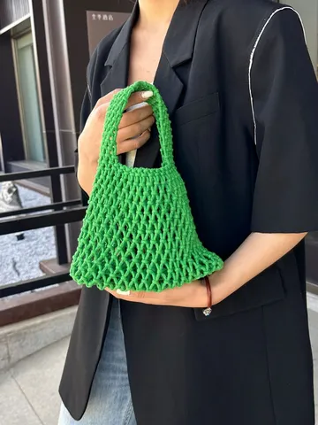 Handgeflochtene Tragetasche Baumwolle Leinen Ausgeschnittene Handtasche Einfarbig Lässige Strandtasche Urlaub Damen Netztasche