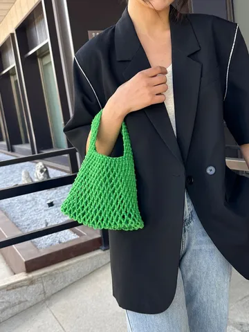 Handgeflochtene Tragetasche Baumwolle Leinen Ausgeschnittene Handtasche Einfarbig Lässige Strandtasche Urlaub Damen Netztasche