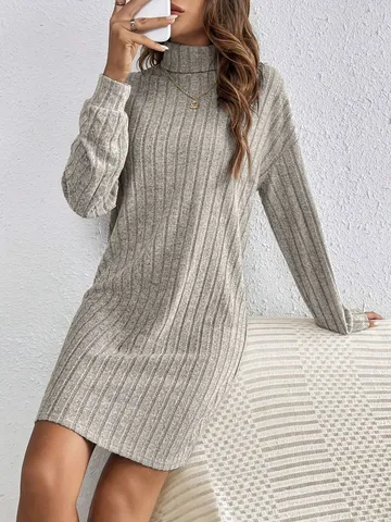 Damen Herbst Winter Casual Einfarbig Rollkragen Langarm Gerippt Gekämmt Midikleid Slim Fit Pullover Strickkleid