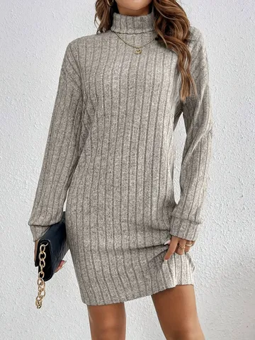 Damen Herbst Winter Casual Einfarbig Rollkragen Langarm Gerippt Gekämmt Midikleid Slim Fit Pullover Strickkleid