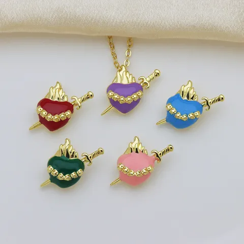 Vintage Copper Colorful Drip Oil Heart Pendant Arrow Through Heart Flame Charms For Women DIY Jewelry Making Necklace Bracelet Accessory
