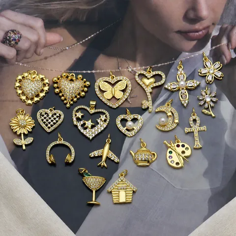 18K Gold Plated Copper Zirconia Inlaid Heart Sunflower Teapot Airplane Cross Pendant Only For Women DIY Jewelry Charms