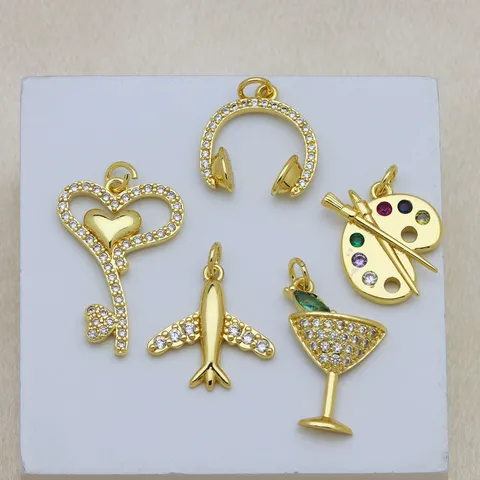 18K Vergoldet Kupfer Zirkonia Herz Sonnenblume Teekanne Flugzeug Kreuz Anhänger Ohne Kette Für Damen DIY Schmuck