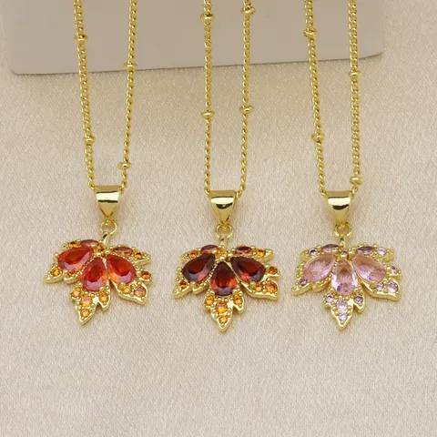 Simple Fashion Maple Leaf Pendant Only Colorful Zirconia Inlaid Copper 18K Gold Plated Jewelry For Women Nature Style Gift