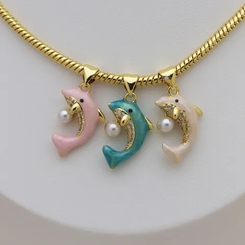 Ciondolo in Rame Placcato Oro 18K Smalto a Goccia Colorato Strass Delfino Cuore Ciondolo Solo Senza Catena Fai da Te Gioielli Accessorio