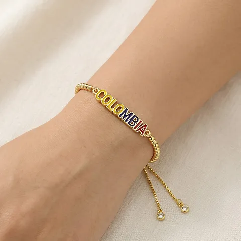 Gold Plated Copper Rhinestone Country Map Charm Bracelet Enamel Colombia National Flag Heart Pendant Adjust Bead Bracelet Traveling Commemorative Jewelry For Women Gift