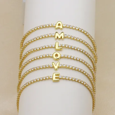 Women Copper Gold Plated Balloon Bubble Initial Zirconia Bracelet For Women Cute Alphabet Initial Pave Zircon Bracelet Adjustable DIY Jewelry