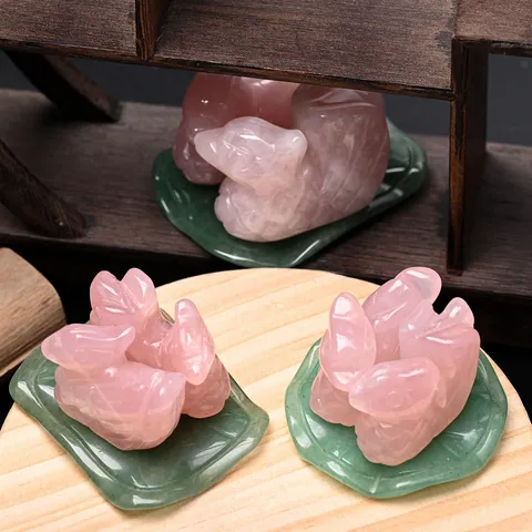 Natural Rose Quartz Mandarin Duck Statue With Lotus Leaf Base Hand Carved Pink Crystal Jade Ornament For Wedding Gift