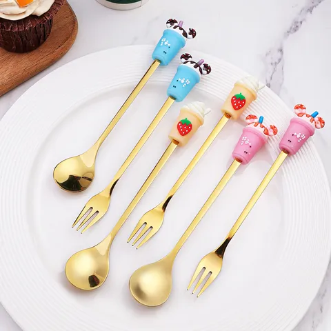 Joli Ensemble Cuillère Fourchette Tasse de Thé au Lait Cartoon Acier Inoxydable Dessert Gâteau Fourchettes à Fruits Cuillères à Mélanger