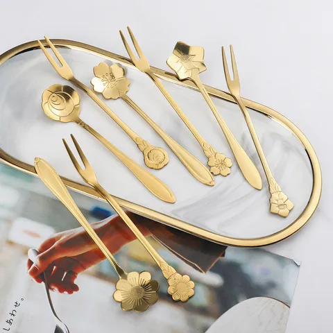 Creative Stainless Steel Fruit Fork Set Floral Handle Dessert Cake Forks With Gift Box Tableware