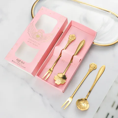 Creative Stainless Steel Fruit Fork Set Floral Handle Dessert Cake Forks With Gift Box Tableware