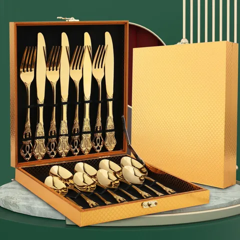 Set di Posate in Acciaio Inossidabile Motivo Goffrato Europeo Coltello da Bistecca Forchetta Cucchiaio con Scatola Regalo