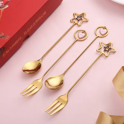Kreativ 304 Edelstahl Stern Herz Anhänger Kaffee Löffel Dessert Gabel Geschenkset Hochzeit Party Geschirr