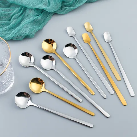 Stainless Steel Long Handle Stirring Spoon Creative Smoothie Ice Cream Dessert Spoon Small Round Spoon Tableware