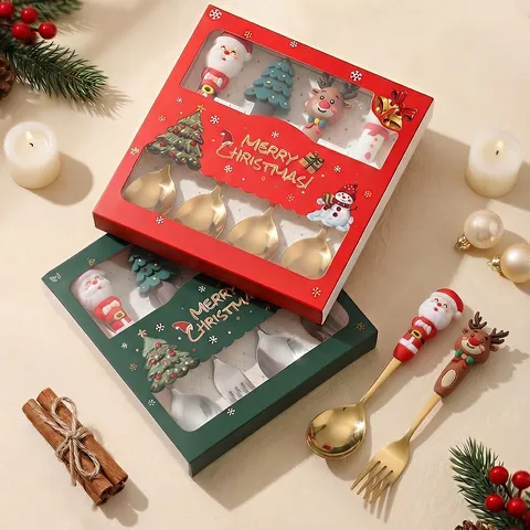 Christmas Stainless Steel Spoon And Fork Set Cute Cartoon Santa Claus Elk Gold Silver Tableware Gift Box Kids Dinnerware