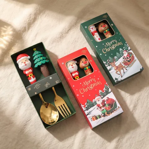 Christmas Stainless Steel Spoon And Fork Set Cute Cartoon Santa Claus Elk Gold Silver Tableware Gift Box Kids Dinnerware
