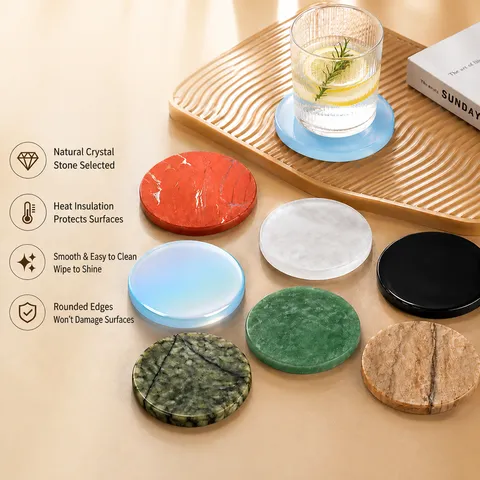 Natural Raw Stone Crystal Coaster Round Non-Slip Heat Insulated Polished Tiger Eye Quartz Cup Mat For Tea Ceremony Home Desk Decor