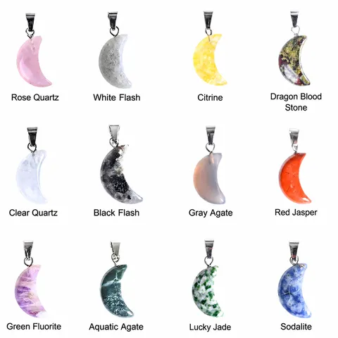 Natural Crystal Moon Pendant Necklace For Women Healing Stone Crescent Moon Charm Alloy Clasp DIY Jewelry Making Accessory