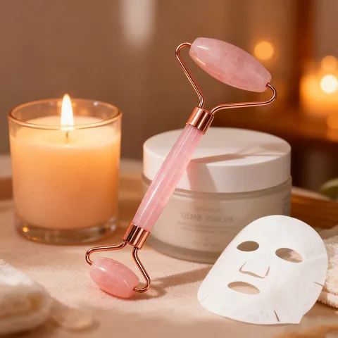 Rullo Facciale in Quarzo Rosa Naturale Massaggiatore a Doppia Testa in Giada per Viso Occhi Collo Cura della Pelle