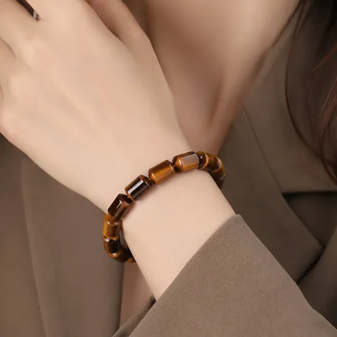 Natural Crystal Stone Cylindrical Bead Bracelet Rose Quartz Tigers Eye Minimalist Elastic Hand Chain For Women Jewelry Gift