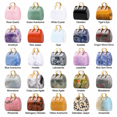 Modern Minimalist Crystal Jade Carved Miniature Handbag Desk Ornaments Gold Handle Crystal Purse Pendant Office Home Decoration
