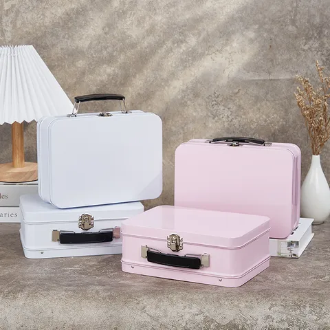 Tragbarer Metall Weißblech Aufbewahrungsbehälter Mit Schloss Und Griff Süße Rosa Weiße Rechteckige Organizer Box Für Büro Geschenkverpackung