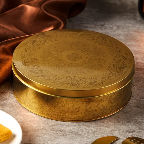 Boîte à Gâteaux en Fer Blanc Haut de Gamme Motif Floral Mandala Gaufré Conteneur de Stockage en Métal Doré pour Emballage Cadeau de Boulangerie