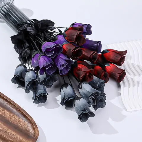 Dunkle Gotische Künstliche Rosenblüten Seidenstrauß Halloween Schwarz Lila Rot Künstliche Blumen Für Heimzimmer Dekor