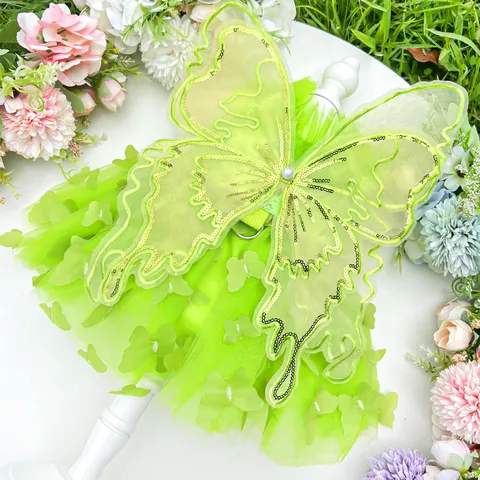 Green Pet Princess Dress Dog Mesh Lace Tutu Skirt Butterfly Pearl Puppy Clothes Cute Apparel For Small Dogs Cats Daily Party