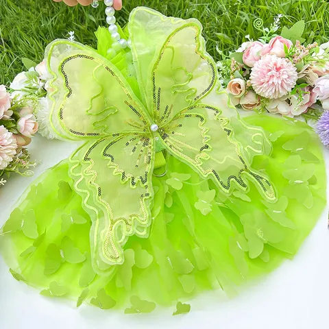 Green Pet Princess Dress Dog Mesh Lace Tutu Skirt Butterfly Pearl Puppy Clothes Cute Apparel For Small Dogs Cats Daily Party