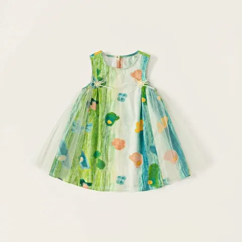 Abito Senza Maniche Estivo per Ragazze Bambini Carino Stampa Floreale Graffiti Giunzione in Rete Abito Principessa Casuale Abiti in Cotone per Bambini