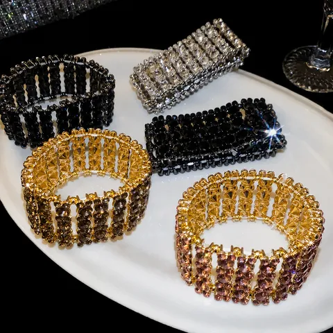 Luxury Alloy Rhinestone Wide Square Cuff Bracelet Shiny Crystal Statement Hand Jewelry For Wedding Party Women