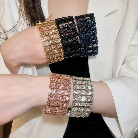 Luxury Alloy Rhinestone Wide Square Cuff Bracelet Shiny Crystal Statement Hand Jewelry For Wedding Party Women