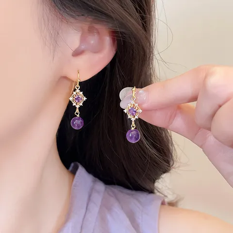 Boucles d'Oreilles Pendantes Losange en Alliage Strass Violet Élégant Vintage Français Boucles d'Oreilles Drop Géométriques Plaqué Or Bijoux Femme Cadeau