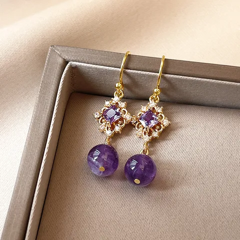 Boucles d'Oreilles Pendantes Losange en Alliage Strass Violet Élégant Vintage Français Boucles d'Oreilles Drop Géométriques Plaqué Or Bijoux Femme Cadeau