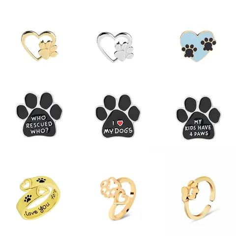 Alloy Enamel Heart Paw Print Brooch Badge Open Adjustable Ring Keychain Set Animal Cartoon Slogan Jewelry Gift For Women Men Pet Lovers