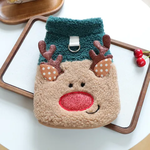 Christmas Reindeer Pet Dog Cat Plush Vest Warm Fleece Winter Apparel Small Dog Color Block Clothes With Harness D-Ring