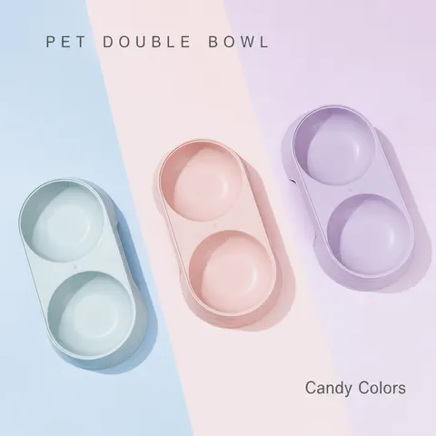 Macaron Color Plastic Double Pet Bowl Anti-Tip Food Water Feeding Bowl For Cats And Dogs Minimalist Pet Supplies