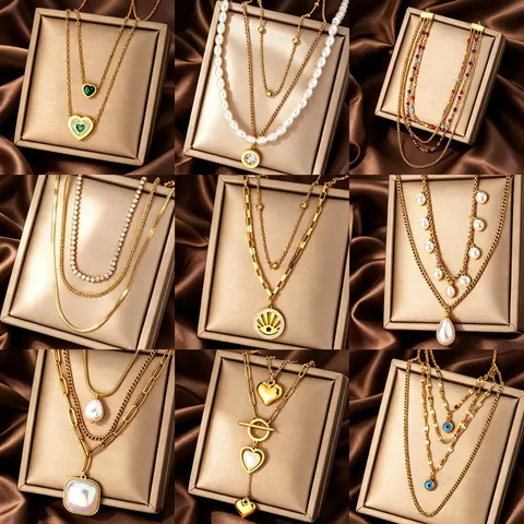 Stainless Steel Multi Layer Pendant Necklace For Women Gold Rhinestone Artificial Pearl Heart Evil Eye Roman Numeral Fashion Jewelry