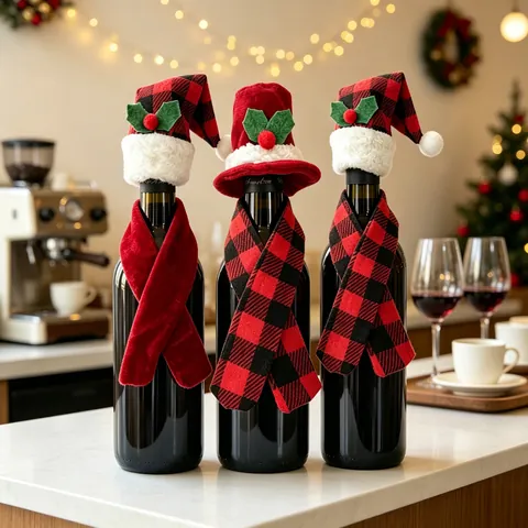 Weihnachten Weinflasche Abdeckung Dekor Set Rot Schwarz Kariert Mini Weihnachtsmütze Und Schal Für Party Küche Tisch Deko