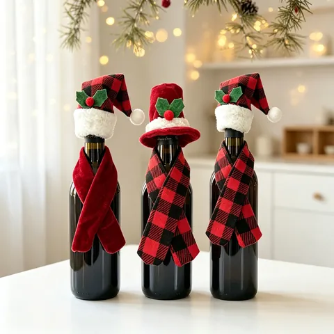 Weihnachten Weinflasche Abdeckung Dekor Set Rot Schwarz Kariert Mini Weihnachtsmütze Und Schal Für Party Küche Tisch Deko