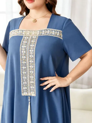 Damen Übergröße Blau Besticktes Quasten Maxi Kleid Lockeres Kurzarm Kaftan Robe Für Sommer 0XL-4XL Lässiges Urlaubsoutfit
