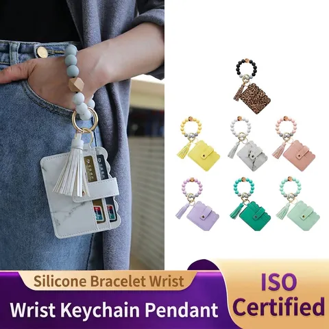 Silicone Bead Wristlet Keychain With PU Leather Card Holder Wallet Tassel Key Ring For Women Fashion Hand-Free Travel