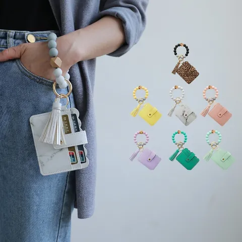 Silicone Bead Wristlet Keychain With PU Leather Card Holder Wallet Tassel Key Ring For Women Fashion Hand-Free Travel